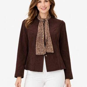Vintage LESLIE FAY Size 16P Brown Faux Suede Suit Jacket & Animal Print Scarf